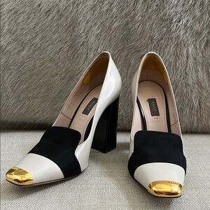 Bally White and Black Heels with Gold Accents